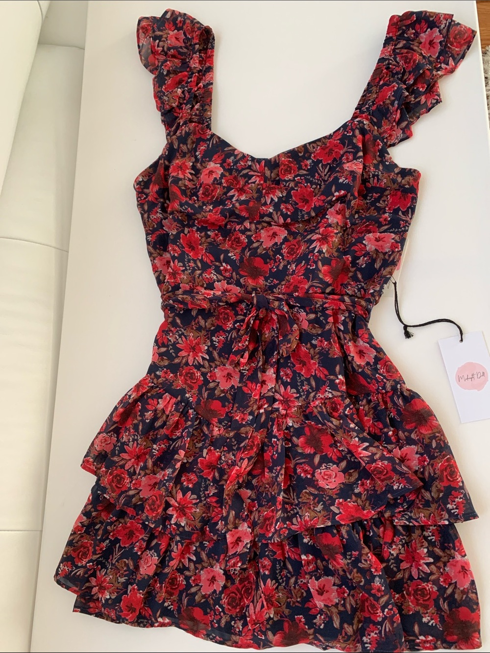 NWT Midnight Doll Floral Ruffle Strap Smocked Sided Belted Mini Dress Size XL
